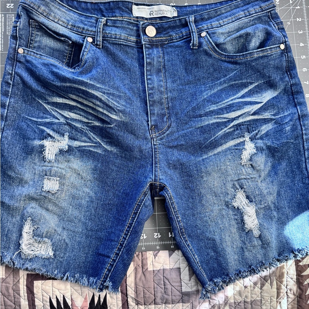 Refinery29 Distressed Blue Denim Cutoff Shorts